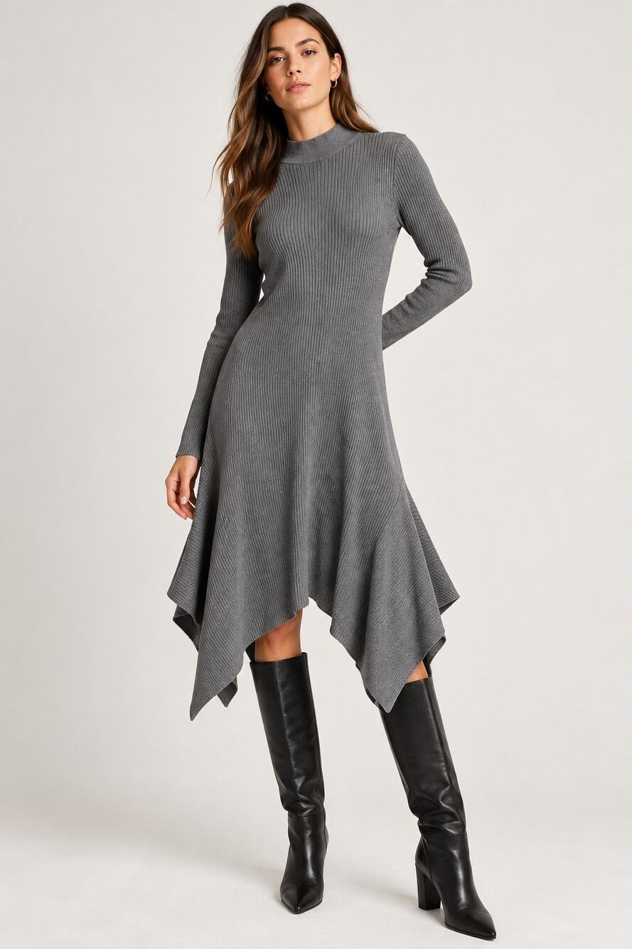 Express Ribbed Mock Neck Handkerchief Hem Sweater Dress Gray XL